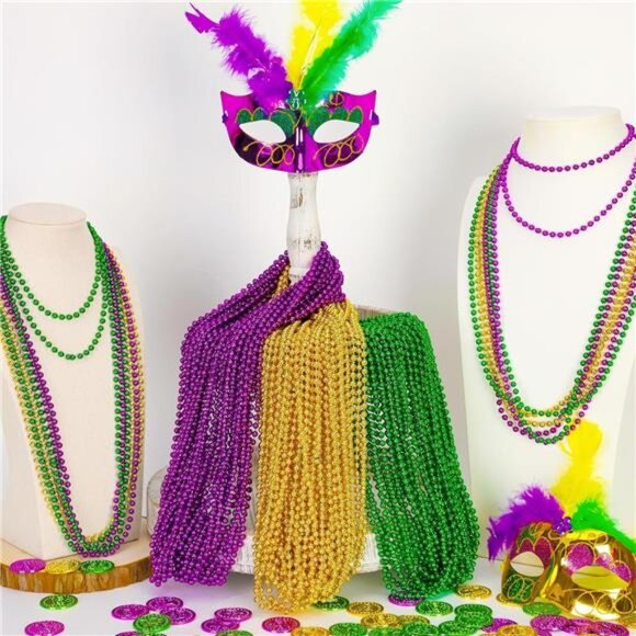 100PCS Mardi Gras Beads, Green Purple Gold Metallic Mardi Gras Beads Necklaces - Picture 3 of 7